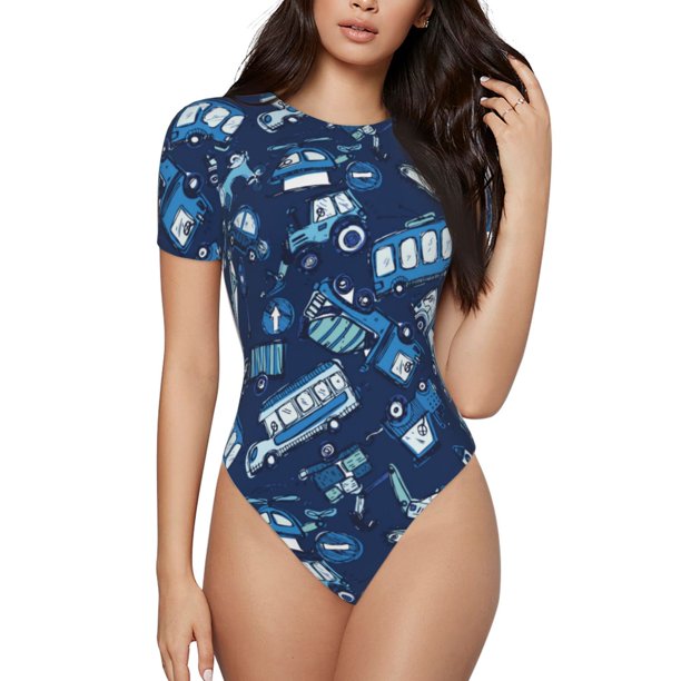 Balery Blue Bus Body de cuello redondo de manga corta para mujer Tops de manga corta Tops básicos-Small