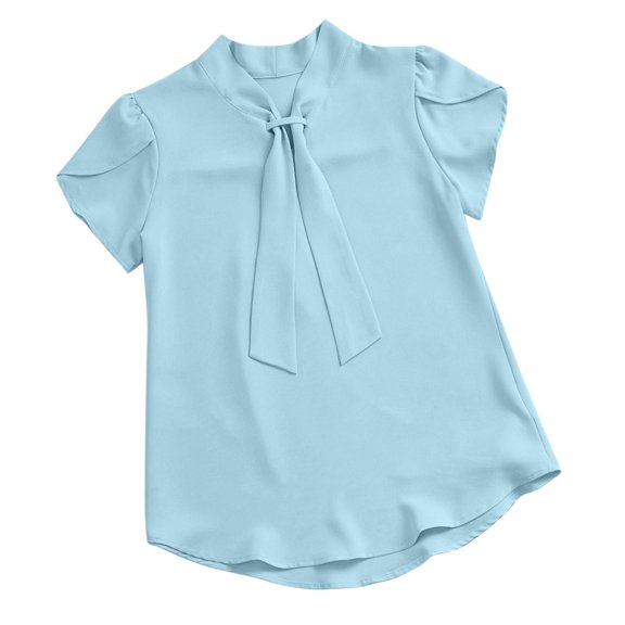 Jerdar Women's Fashionable Short Sleeve Blouses Tie Neck Petal Tulip Sleeve Tops Work Business Shirts L