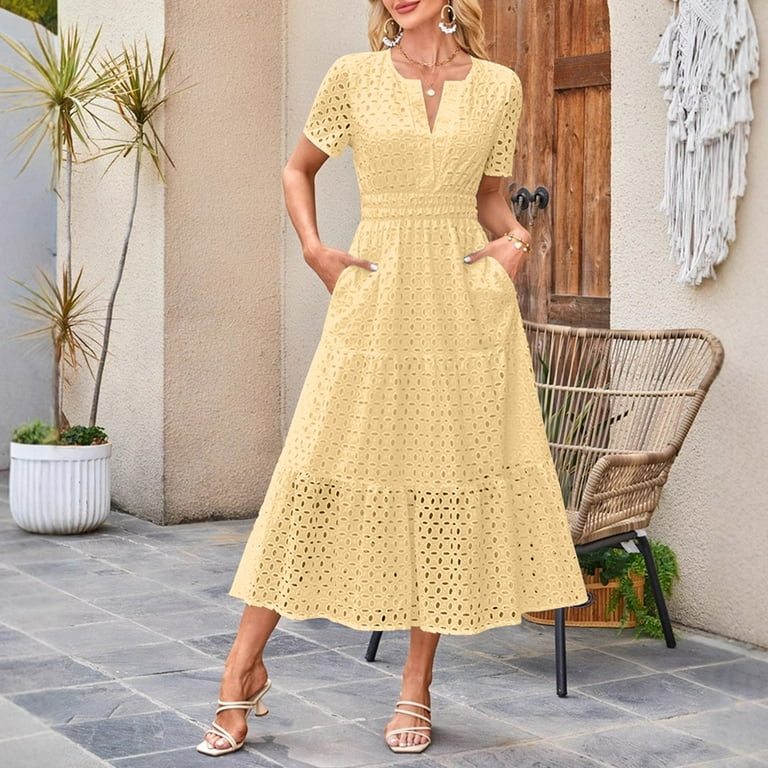 loose holiday dresses Beach holiday dress with round neck and embroidered flowers, loose and –  Lee Nhi Boutique