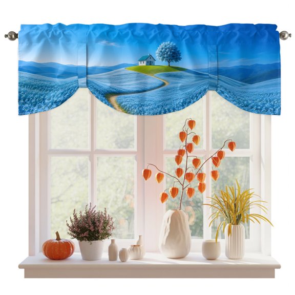 Sky Blue Tie Up Valance Curtains for Windows, Kitchen Curtains Window Treatments, Natural Landscape Country Tree Flowers Short Window Shades Valances for Bedroom Bathroom Cafe 42"x12"