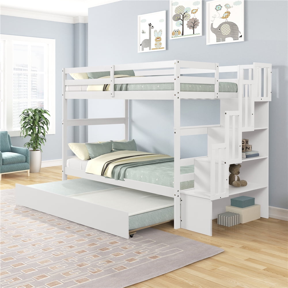 Segmart White Bunk Beds for Kids, Twin Over Twin Bunk Bed with Trundle
