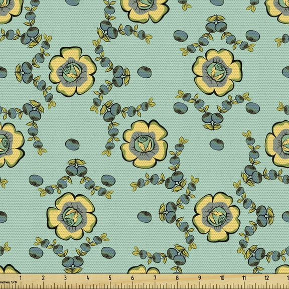 Ambesonne Floral Fabric by the Yard Upholstery, Vintage Twigs and Berries, 3 Yards, Almond Green