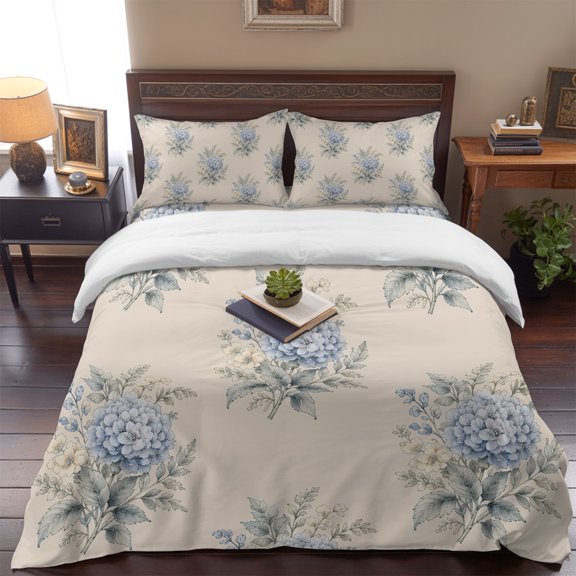 Farmhouse Blue Hydrangea Queen Size Bed Set,Vintage Beige Background Bedding for All Seasons,4 Pcs Bed Set,1 Quiltcover (90"x90"),1 Sheet (90"x102"),2 Pillowcases (20"x30")