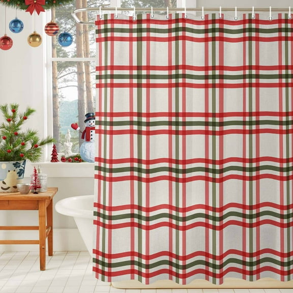 Shower Curtain Bathroom Set Christmas Retro Line Tartan Lattice Waterproof Fabric Shower Curtains with Grommets&Hooks Minimalist Red Green Plaid Privacy Bath Curtain for Bathtub 36x72in