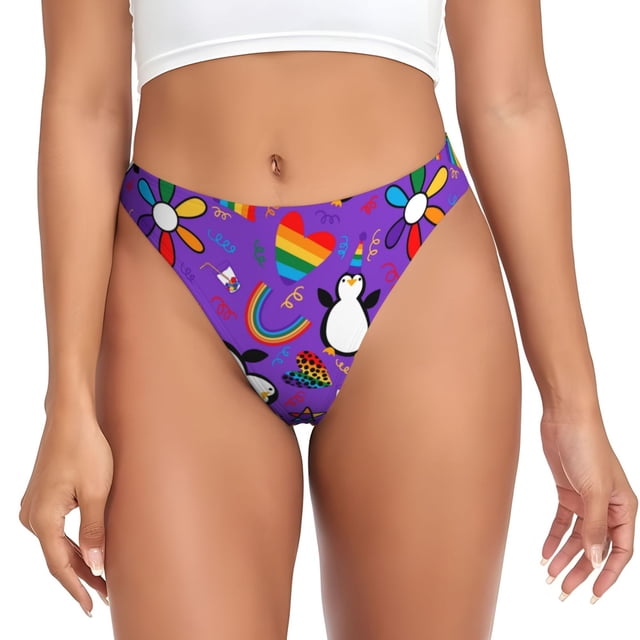 Balery Rainbow Lgbt Penguin Tangas de Algodón para Mujer con Estampado – Ropa Interior Sexy, Transpirable, G-string-Large