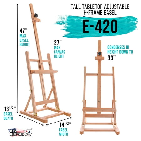 U.S. Art Supply Medium Tabletop Wooden H-Frame Studio Easel, Artist Adjustable Beechwood Paint Display Easel, 27 Canvas
