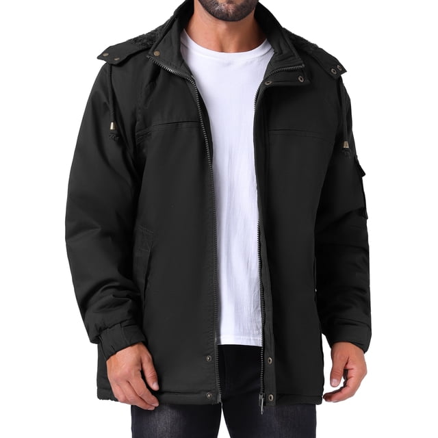 INSPIRE CHIC Chaqueta de trabajo con capucha forrada de felpa gruesa para hombre, abrigo de invierno negro