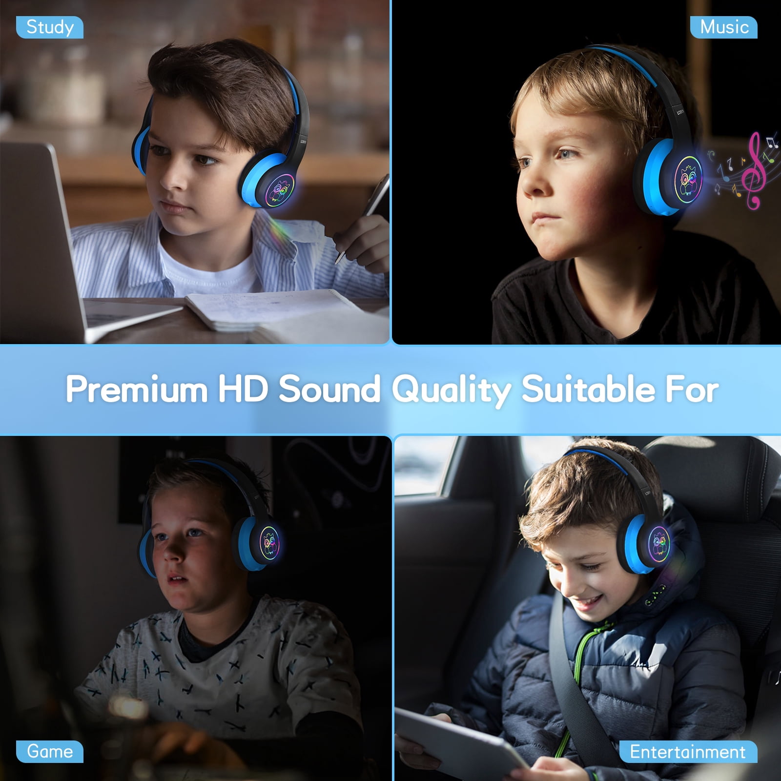 LOBKIN Kids Wireless Headphone Fashion Cute Headset for Girls Boys School/Travel/Tablet,Blcak