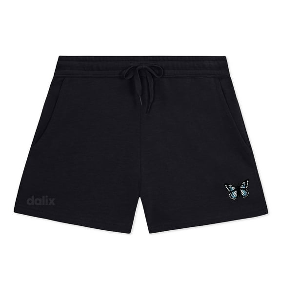 Dalix Butterfly Embroidered Shorts Washed Soft Fleece Relaxed Drawstring Pocket Fit Lounge Womens in Black XS X-Small