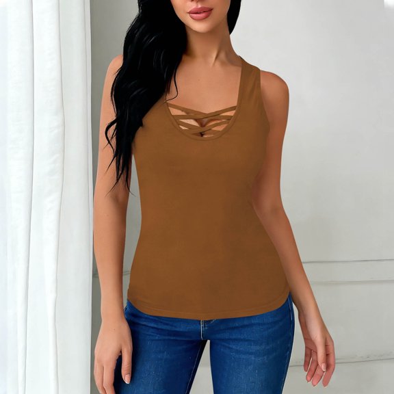 HongQid Women's Criss Cross Front Spaghetti Strap Basic Round Hollow Out Neck Seamless Camisole Tank Top
