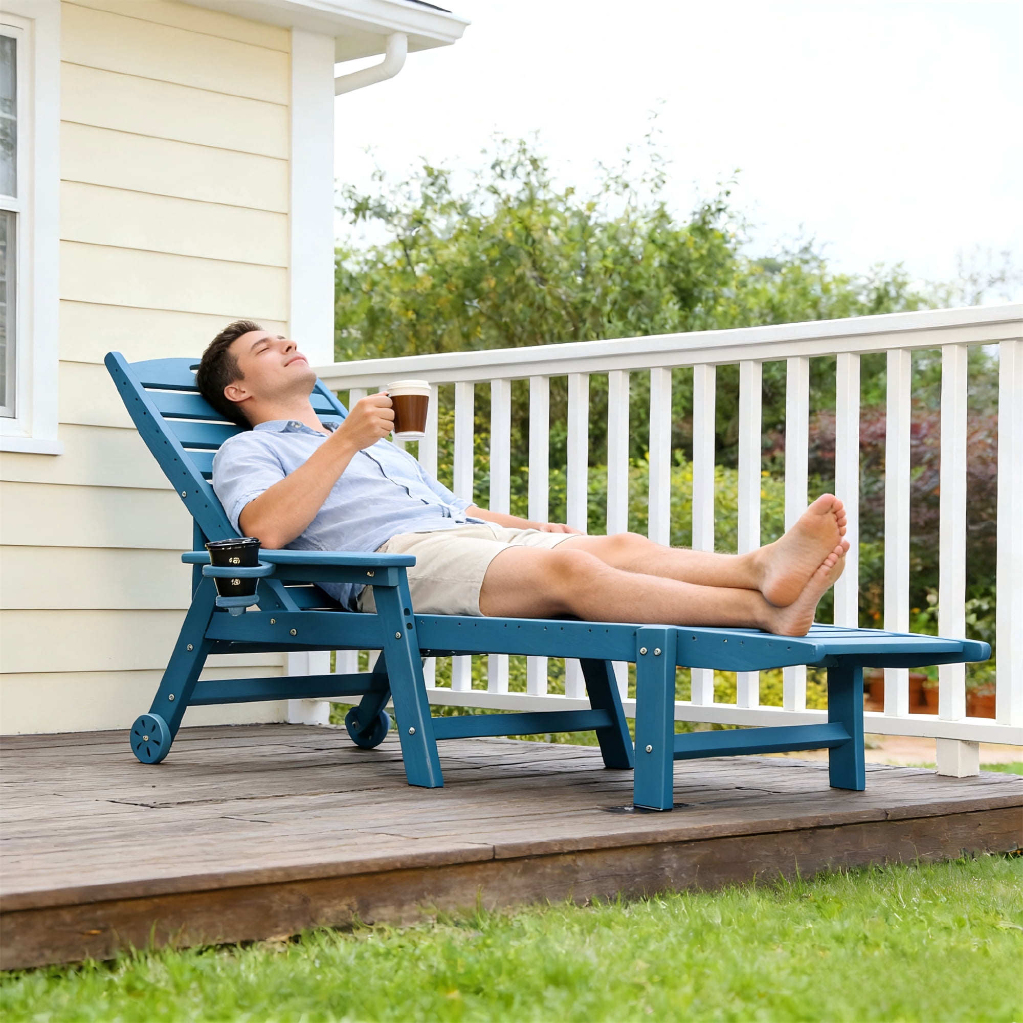 Aukfa HDPE Outdoor Patio Chaise Lounge Chair w/ Cup Holder&Wheels, 360 LBS Capacity, Blue