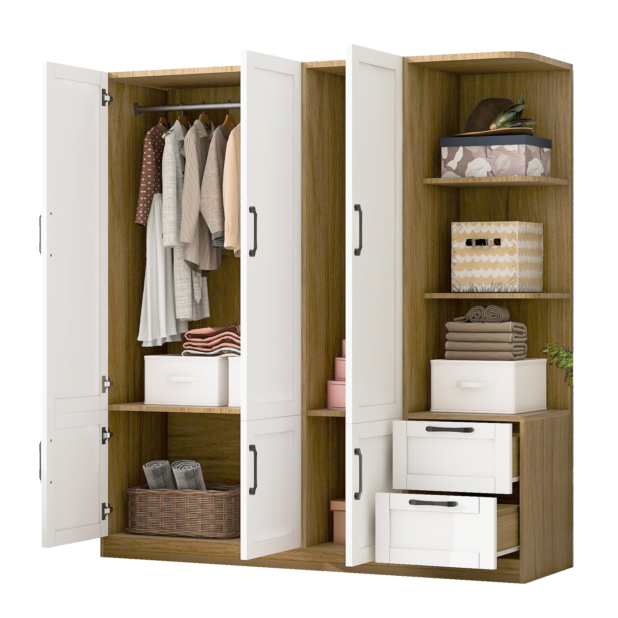 Euroco Modern Wood 3-Door Wardrobe with Drawers and Shelves for Kids Adults, White