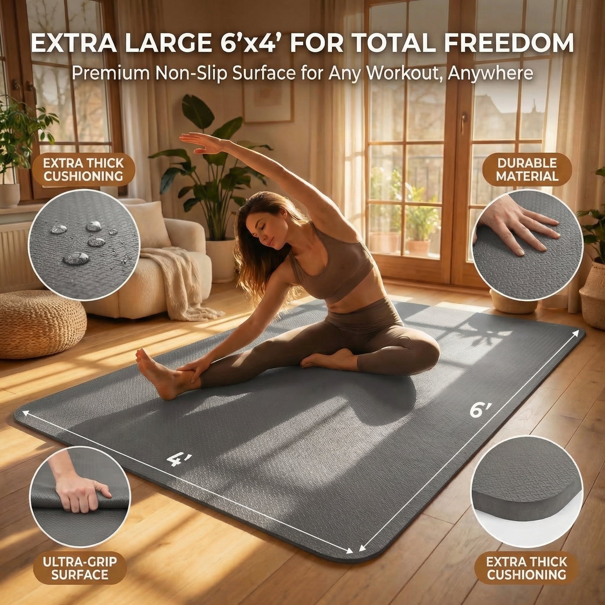 FrenzyBird Large Yoga Mat 6'x4' (72"x48") 183x122cm, 1/4" & 1/3" Thick TPE Non-Slip Extra Wide Exercise Mat, Big Home Workout Mat for Yoga, Pilates, Gym & Floor Workouts for Women & Men（6mm Gray）