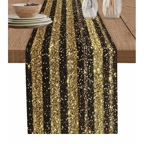 Ldtrchee Gold Black Table Runner 70 Inches, Modern Minimalist Geometric Stripes Bed Runner Dresser Scarves Tabletop for Indoor Outdoor Parties/Ceremony/Banquet, 13" x 70"