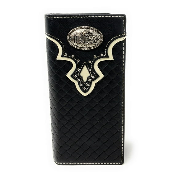 Western Men's Laser Cut Genuine Leather Praying Cowboy Long Bifold Wallet