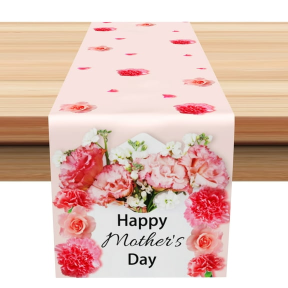 SUNOLIFE Happy Mother's Day Table Runner,Pink Floral Kitchen Dining Table Decoration for Home Party 13 x 72 Inch