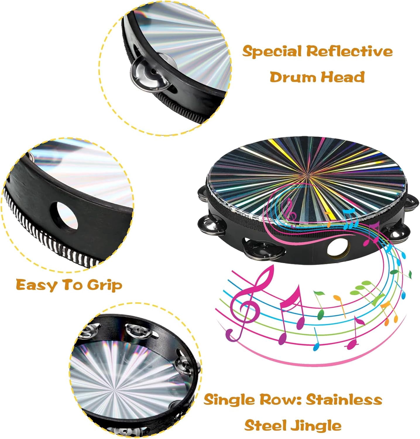 ABPETE Radiant Tambourines for Adults,Wooden Hand Held Drum Tambourine with Single Row, Percussion Musical Instrument Reflective Tambourine for Church, Party, Dance, KTV(3 Pack,6/8/10 Inch)