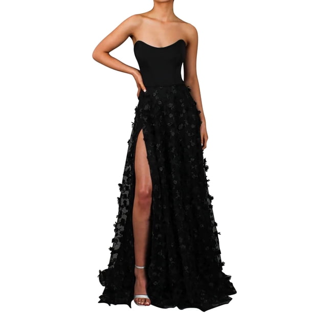 Vestidos de invitada de boda Prolriy para mujer, elegante vestido de fiesta formal de noche con abertura en el dobladillo con lazo en la espalda y bordado en 3D de malla de tul, vestido largo negro