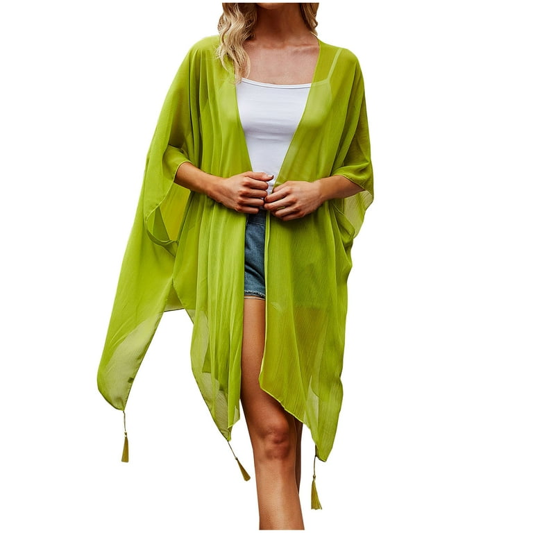 Women s Beach Cover Up Long Sheer Kimono Cardigan Solid Color Tassel Shawl Wrap Summer Open Front Cardigan