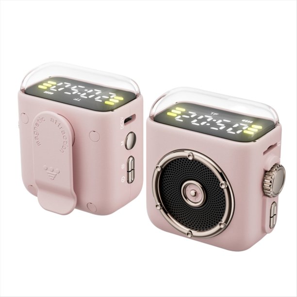 Mini Altavoz Bluetooth con Clip Magnético, Pantalla de Tiempo, Sonido Hi-Fi, Caja de Música, Luz Inalámbrica, MP3, Llamadas Manos , Color Rosa.