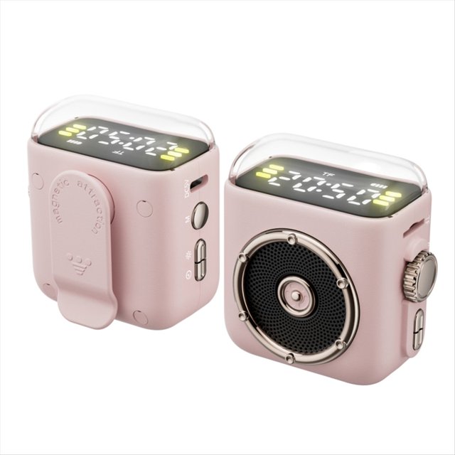 Mini Altavoz Bluetooth con Clip Magnético, Pantalla de Tiempo, Sonido Hi-Fi, Caja de Música, Luz Inalámbrica, MP3, Llamadas Manos , Color Rosa.