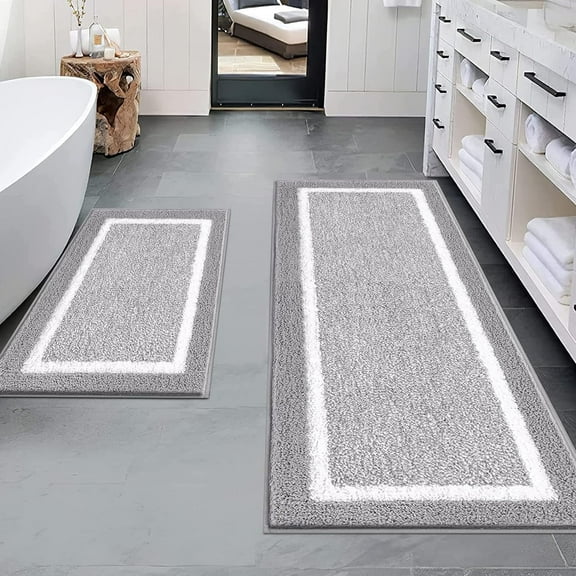 Findosom 2pcs Bathroom Rug Set with U-Shaped Toilet Mat Non-Slip Plush Shaggy Bath Mats Absorbent Microfiber Bath Rugs Washable Shower Rugs for Bathroom Floor, Tub, Shower 18"x26" 18"x48" Light Gray