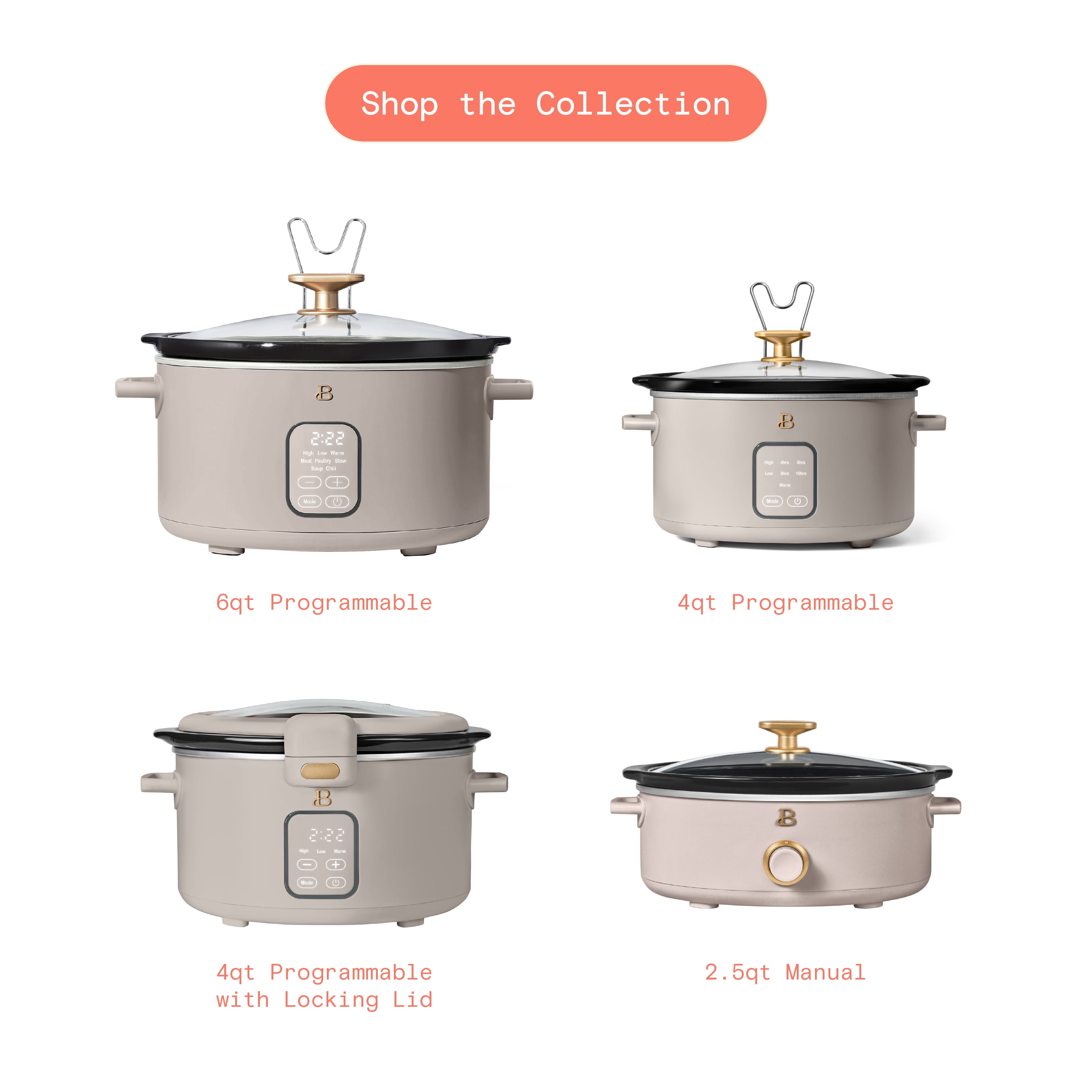 Beautiful 4 Qt Digital Slow Cooker with Hinged Locking Lid, Porcini Taupe by Drew Barrymore