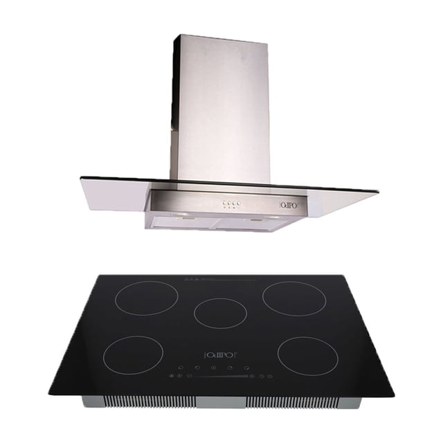 Campana de cocina de pared cristal recto 90cm Telux + Parrilla eléctrica de inducción 5 quemadores 76cm Kelvin Odipo Campana Pared
