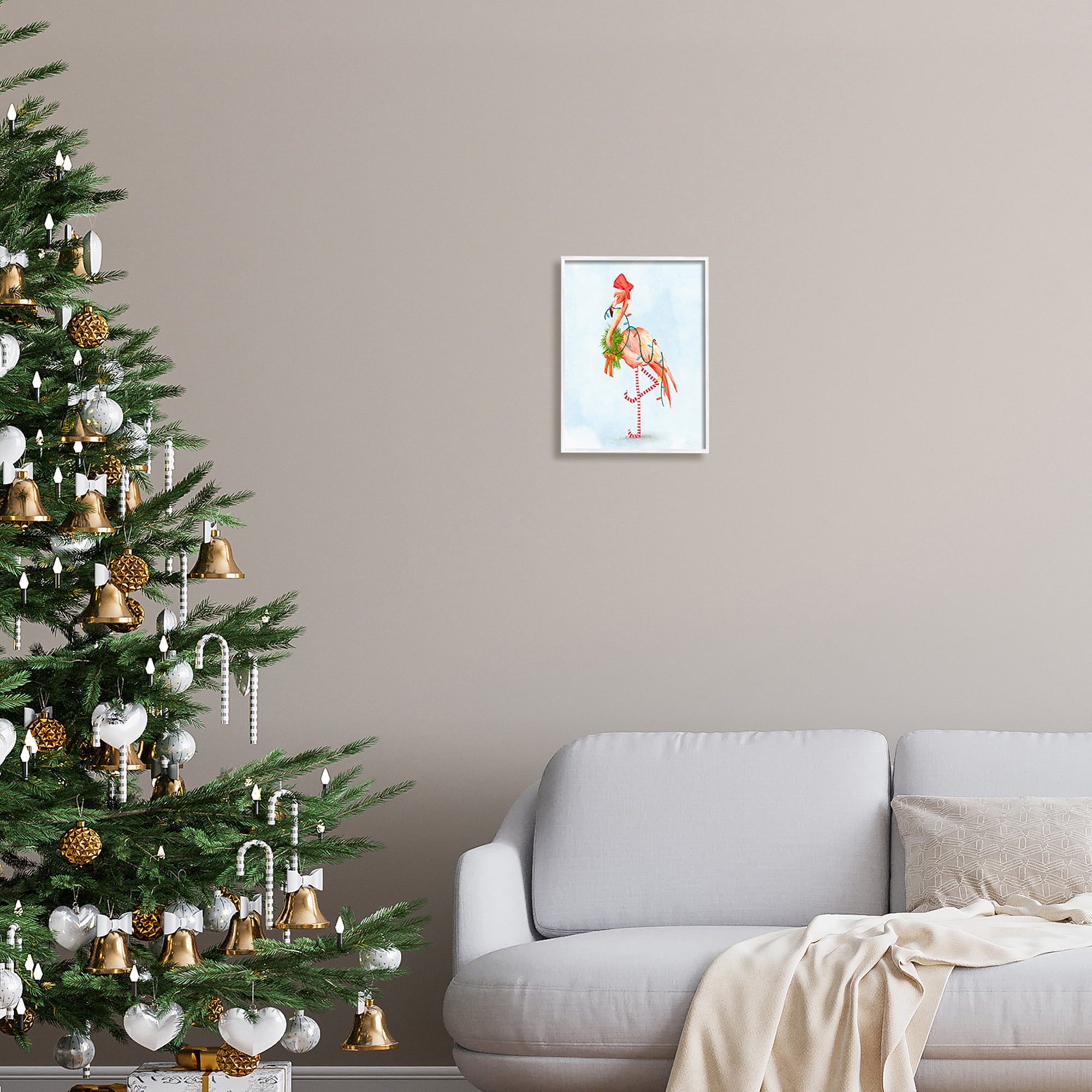 Festive Flamingo Christmas Lights Wreath Striped Stockings Coastal Painting Framed Art Print Wall Art