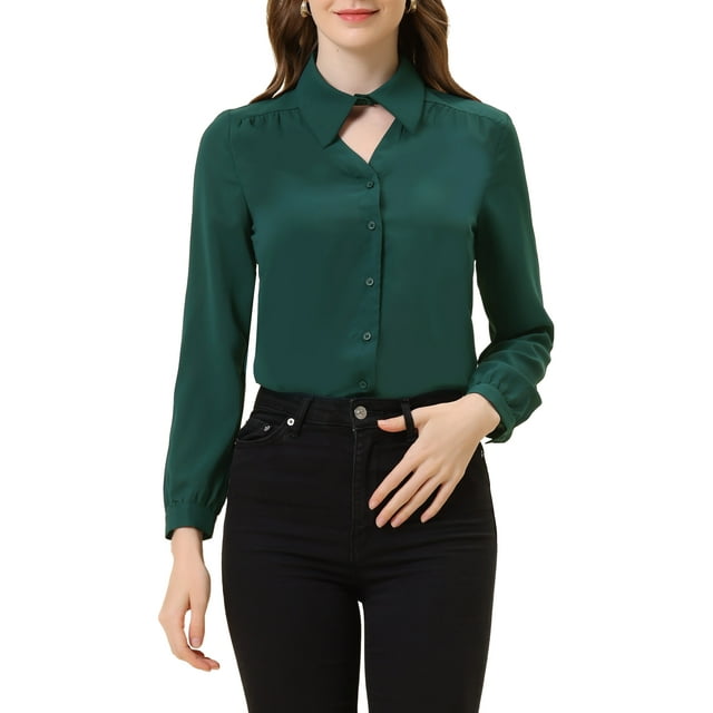 Unique Bargains Blouse à Col Choker pour Femmes Manches Longues Col Rabattu Chemise de Travail Verte m
