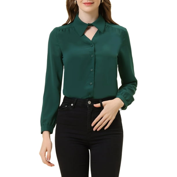Blusa de cuello choker para mujer Inspire Chic, de manga larga, con cuello de solapa, camisa de trabajo XL verde
