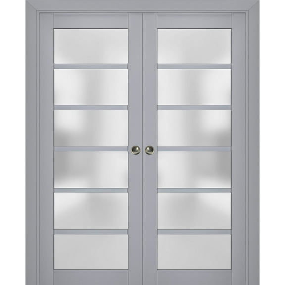 Sliding French Double Pocket Doors with Frosted Glass | Veregio 7602 Matte Grey | Kit Trims Rail Hardware | Solid Wood Interior Bedroom Sturdy Doors-36" x 84" (2* 18x84)