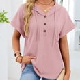 thumbnail image 6 of Yigetop Short Sleeve Sweatshirt Women's Summer Hoodies Short Sleeve Button V Neck Lightweight Drawstring Hoodies Summer Hoodies for Women Pink M, 6 of 8