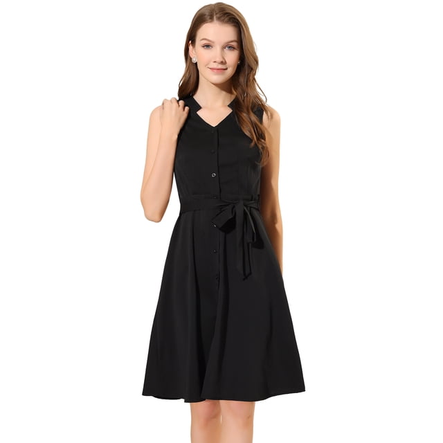 Vestido sin mangas con cuello En V Allegra K botones a media pierna verano para mujer Negro M