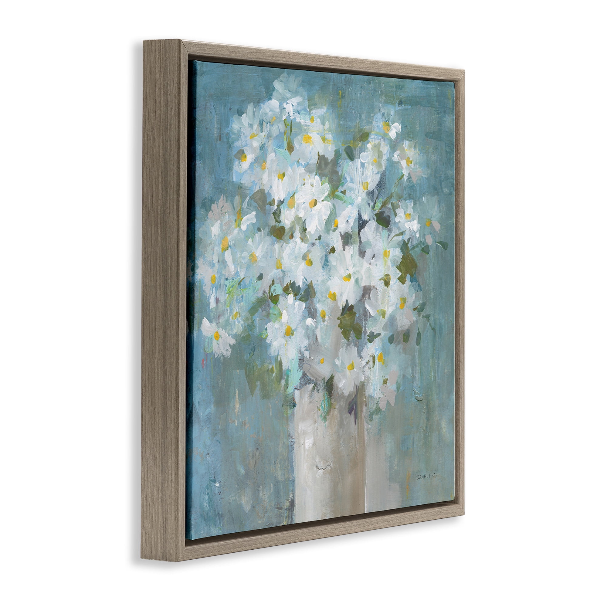 Stupell Industries White Daisy Blooms Abstract Flowers Botanical & Floral Painting Brown Floater Framed Canvas Art Print Wall Art, 25 x 25