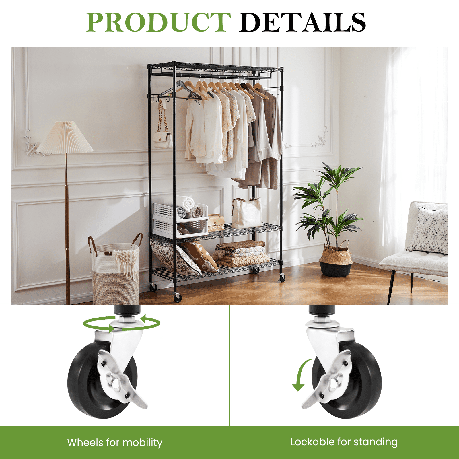 Aukfa Adjustable Rolling Clothes Rack with Bar & Shelves for Hanging Clothes,Black