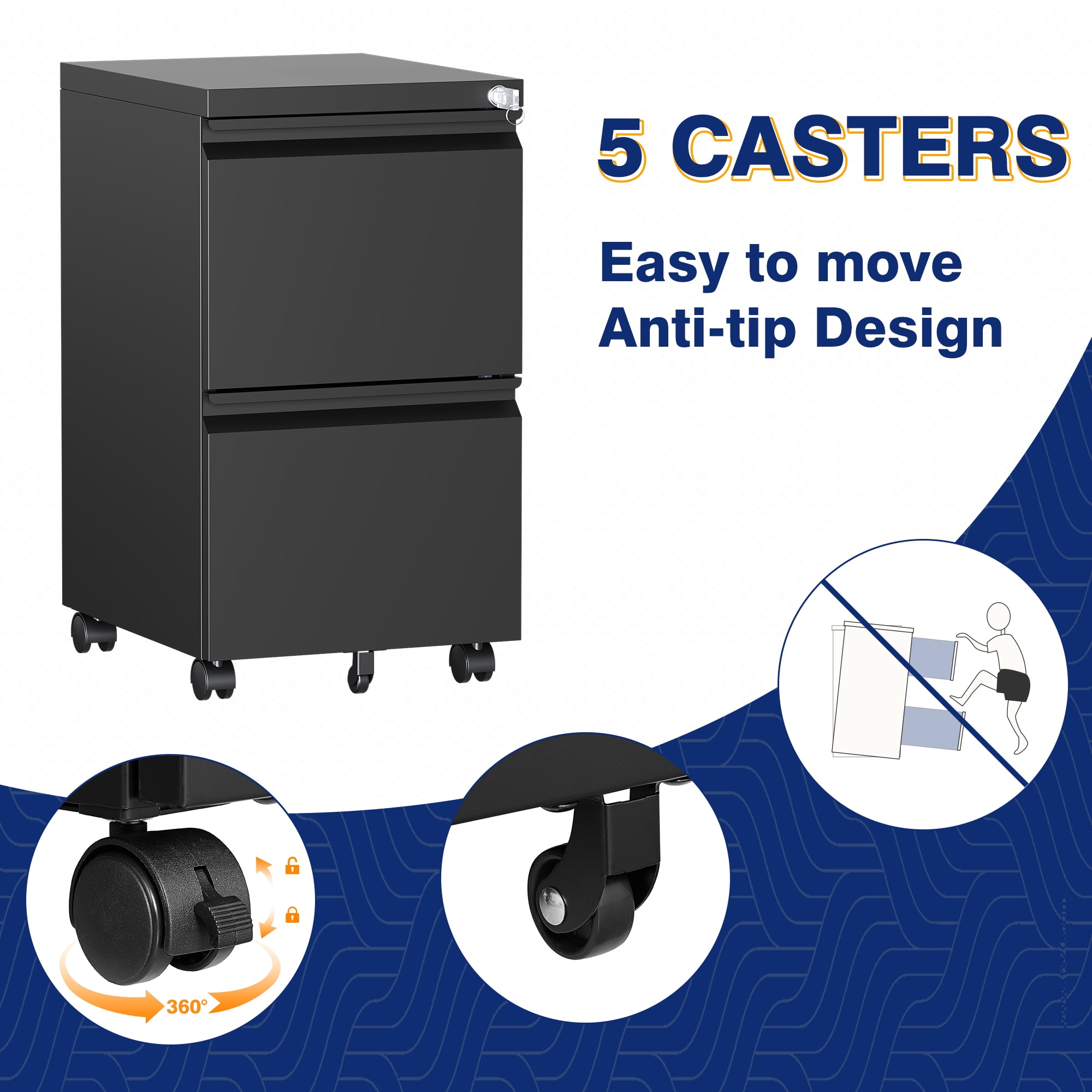 AUHUP 2 Drawer Mobile File Cabinet with Lock, Metal Filing Cabinet with Wheels for Legal/Letter/A4 File, Under Desk File Cabinets for Home Office, Black,Fully Assembled
