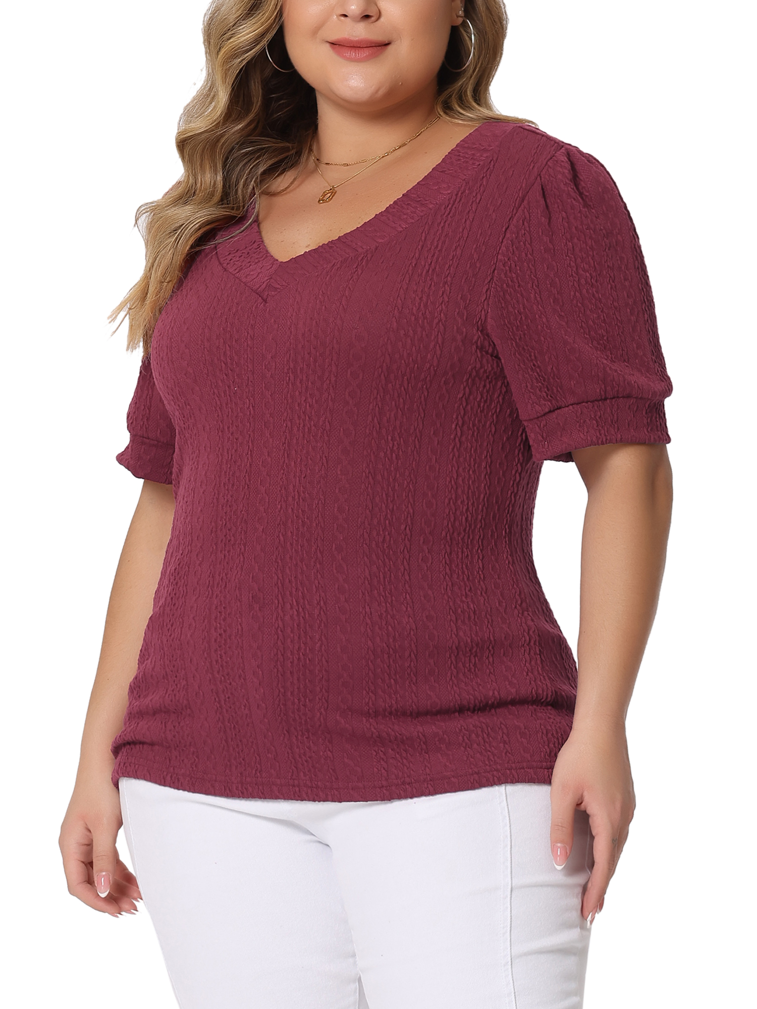 DARING DIVA Women's Plus Tops V Neck Pullover Knitted Casual Blouses 1X Burgundy