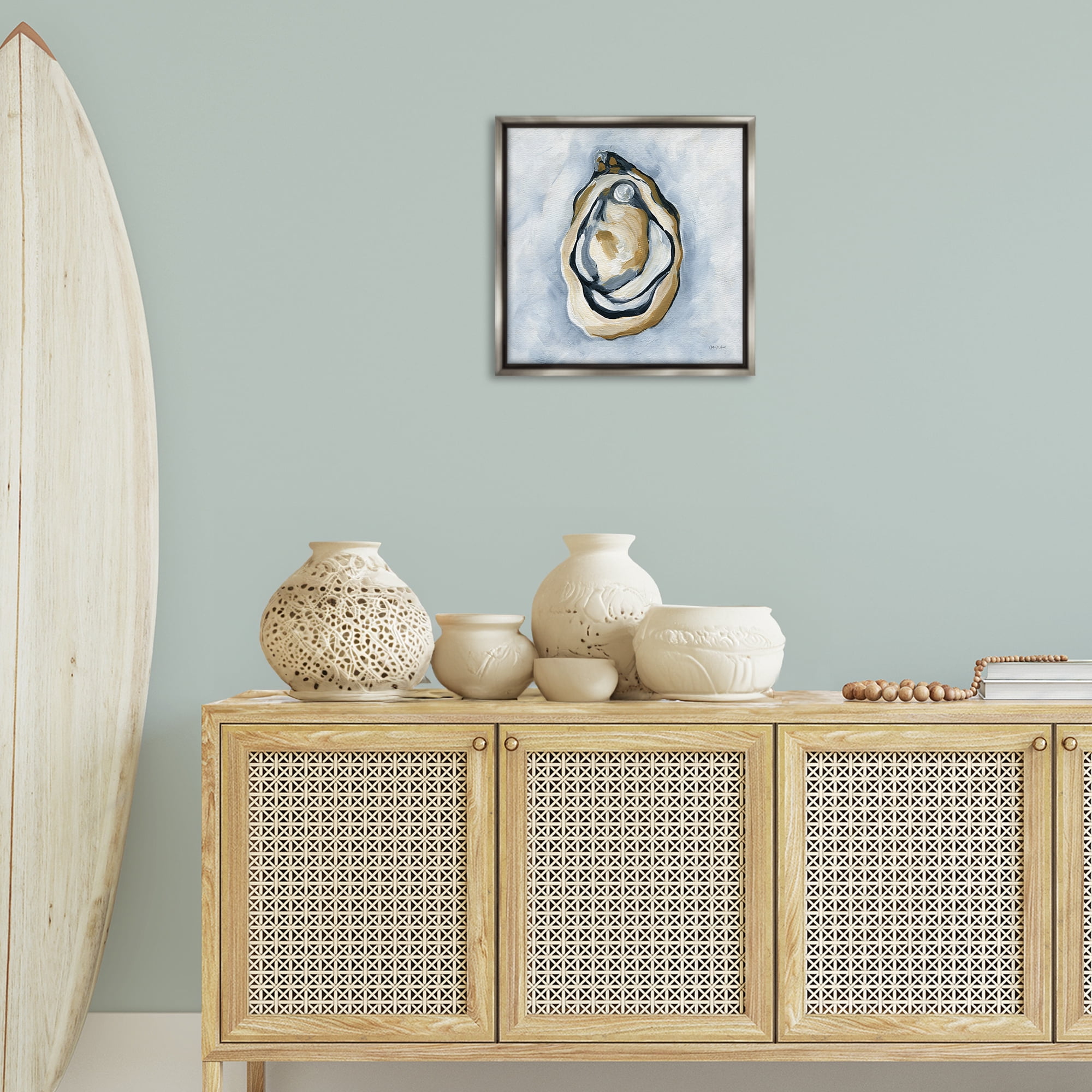 Stupell Industries Oyster with Pearl Coastal Painting Gray Floater Framed Canvas Art Print Wall Art, 18 x 18