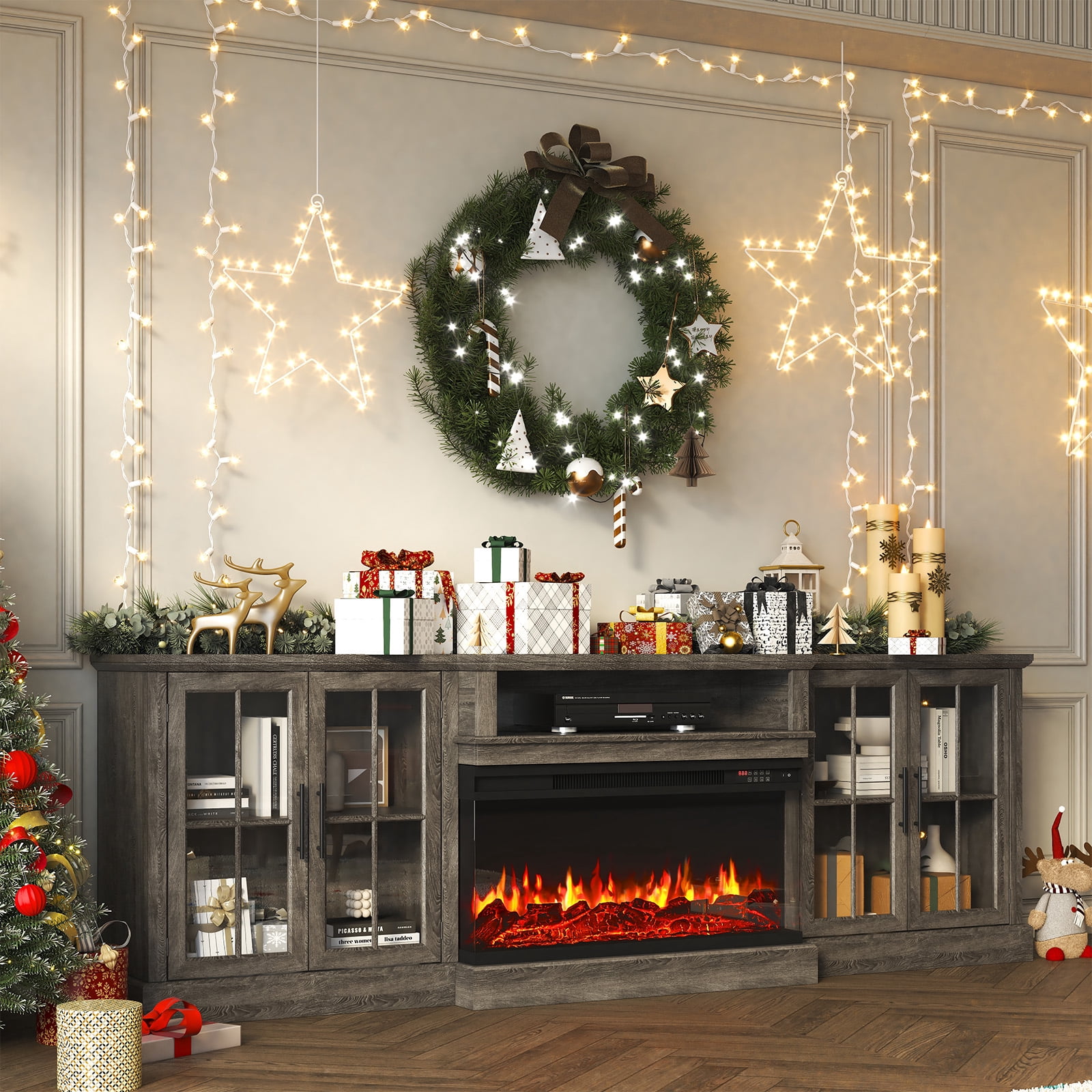 BaPiPro 98" Farmhouse TV Stand with 36" Electric Fireplace, Large Media Entertainment Center for TVs up to 100", Fireplace TV Stand with Storage Cabinets for Living Room, Gray