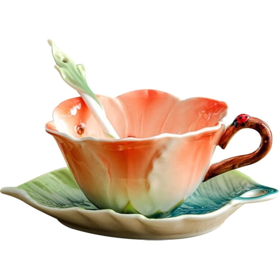 Ceramic Tea Cup Set, 6 OZ 3D Hand-Painted Flower and Leaf Coffee Mug, Gift for Women Floral Drinking Cups Unique Gifts