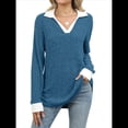 thumbnail image 2 of Suéteres de Cuello en V para Mujer, Jersey con Bloques de Color, Mangas Largas, Corte Holgado, Estilo Informal, Tipo Túnica, Camisetas. Azul Pavo Real M, 2 of 10