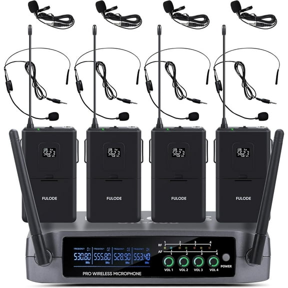 UR-408 4 Channel Professional Wireless Microphone System with 4 Lavalier 4 Headset Mics, Ideal for Home Party Singing Karaoke Meeting Church Event TV Speaker