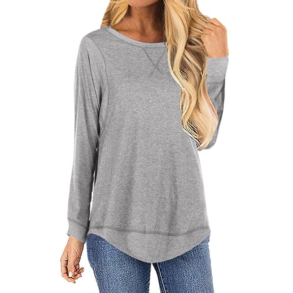 Ichuanyi Womens Tops, Summer Clearance Women Casual Solid Blouse Round Neck Long Sleeve Splice Shirts Loose Tops