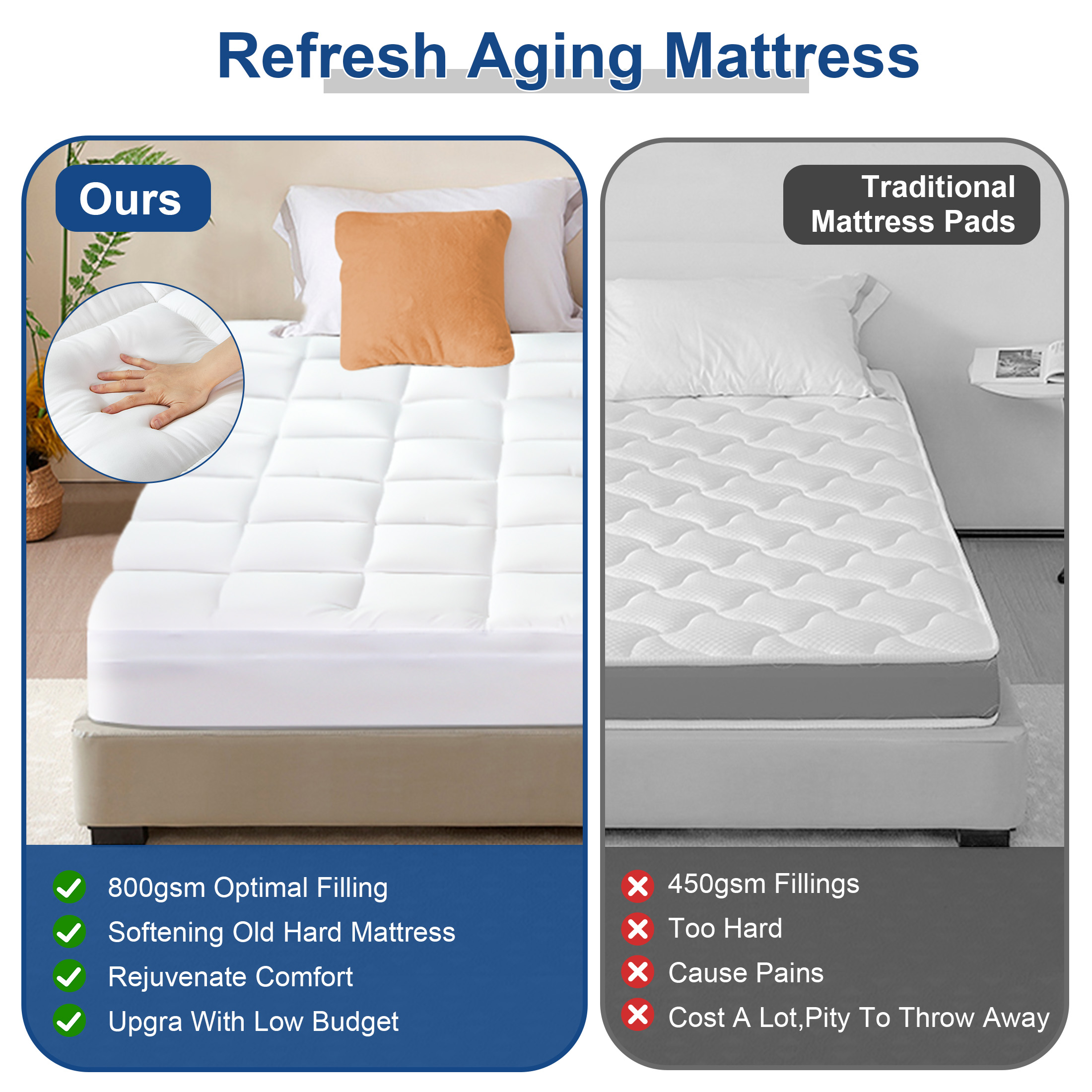 MOONORAH Queen Mattress Topper, Extra Thick Mattress Pad Cover for Back Pain with 8-21" Deep Pocket, White