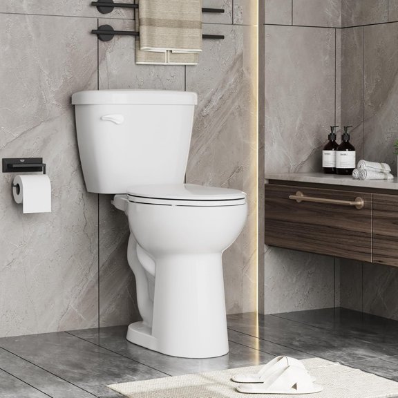 M optimized 2-Piece Toilets for Bathrooms, ADA Height 17.5" Toilet Bowl with Soft Close Seat, Single Flush 1.28 GPF, Left-Hand Trip Lever, Comfort Chair Height, 12" Rough In, White