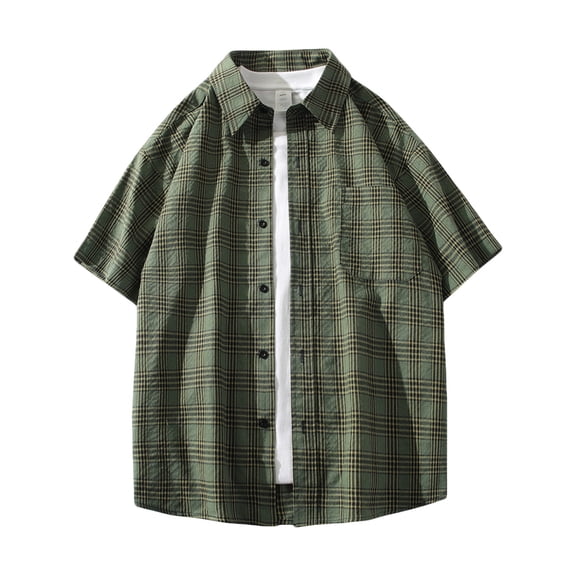 WREESH Men's Loose Casual Button Down Shirts Stylish Plaid Turn-Down Collar Short Sleeve with Pockets for a Comfortable and Trendy Look Olive Green