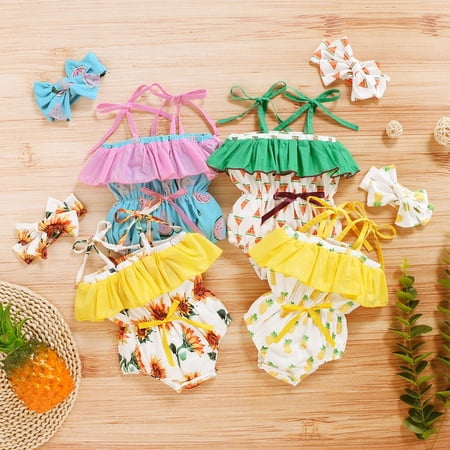 

2Pcs Newborn Infant Baby Girl Clothes Sunflower Fruit Print Strap Off Shoulder Romper Ruffle Bodysuit Headband Outfit