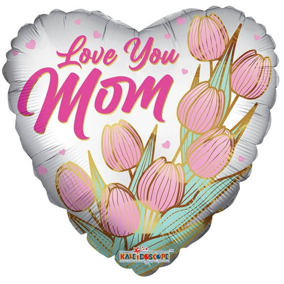 18 inch Kaleidoscope Love You Mom Tulips Matte Heart Foil Mylar Balloon - Party Supplies Decorations