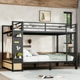 thumbnail image 2 of Queen over Queen Metal Bunk Bed, Heavy Duty Bunk Beds with Pegboard, Clothes Rack and 2 Pull-out Drawers, No Box Spring Needed, Black, 2 of 8